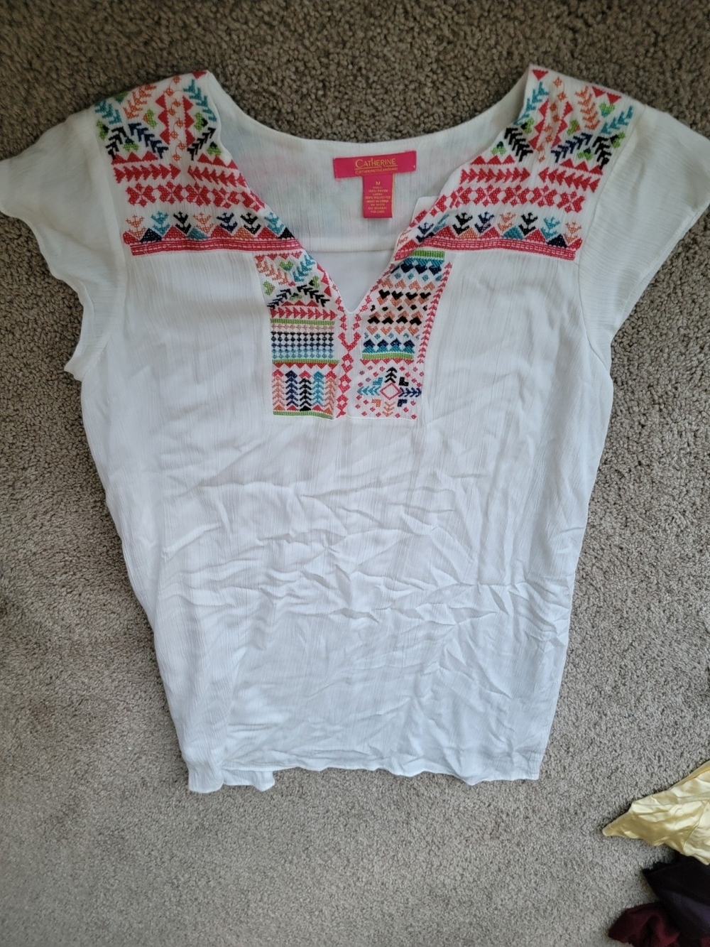 Catherine Malandrino White Short Sleeve Dress Size Med Embroidered V-Neck Tunic